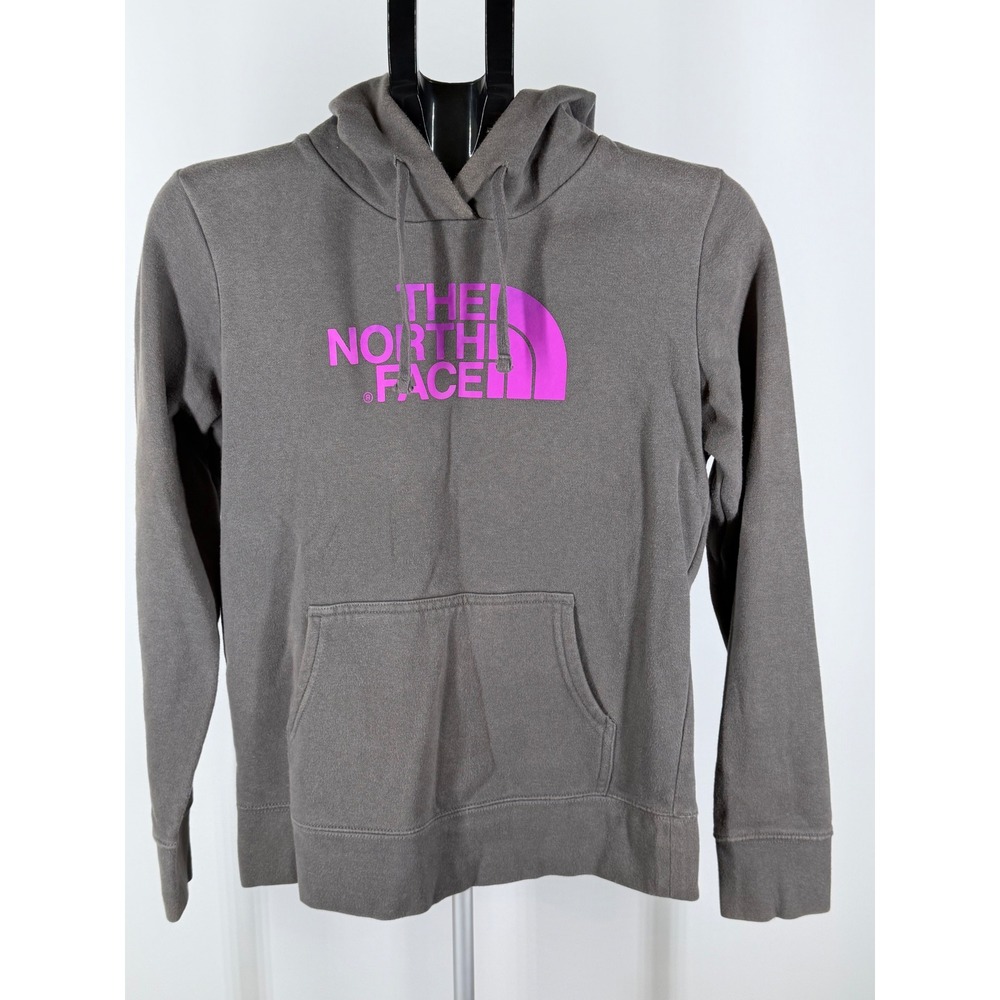 The North Face Womens Gray Pink Logo Pullover Hoodie Sweatshirt Small S